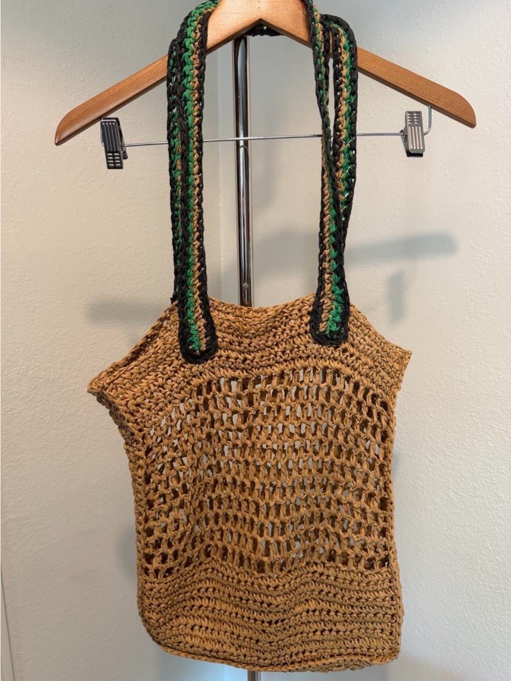 Handmade Crochet Tan Market Tote with Green-Accented Straps